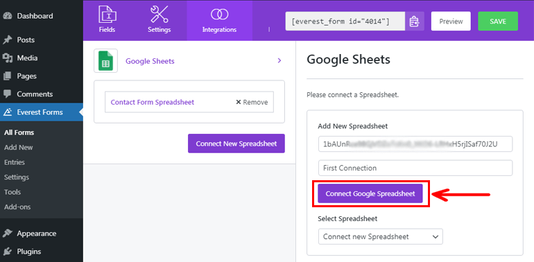 連接 Google 電子表格按鈕