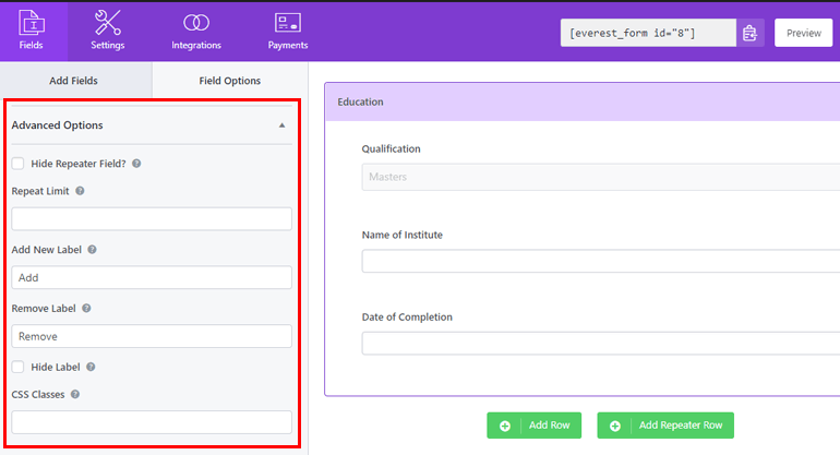 ตัวเลือกขั้นสูงสำหรับ WordPress Repeater Field