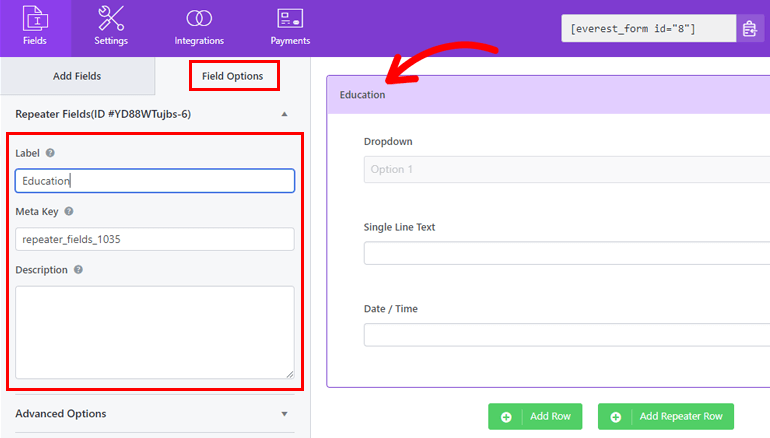 ตัวเลือกแถวฟิลด์ Repeater ของ WordPress