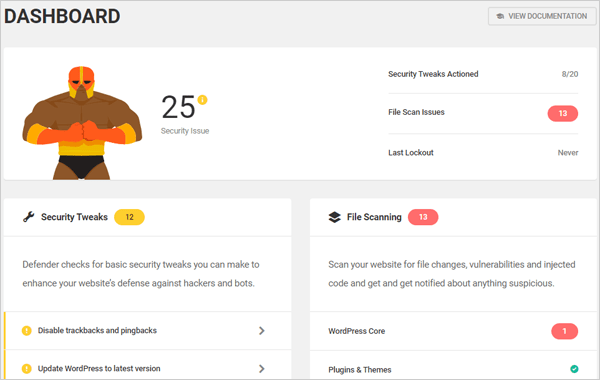 Tabloul de bord pentru pluginul de securitate Defender WordPress.