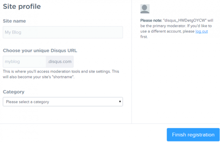 Disqus 사이트에서 Disqus 댓글을 사용하기 위한 사이트 등록 양식입니다. 사이트 이름을 묻고 사이트 URL의 시작 부분(.disqus.com 다음에 옴)과 드롭다운 상자에서 주제 범주를 선택하기만 하면 됩니다.