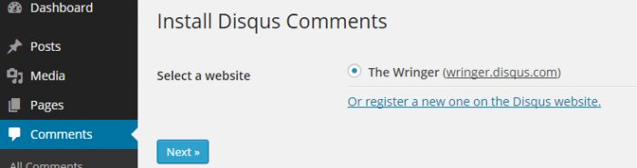 Disqus 댓글을 사이트에 설치하는 마지막 단계입니다. 사전 등록된 사이트 목록에서 Disqus를 추가할 사이트를 선택하라는 메시지가 표시됩니다.