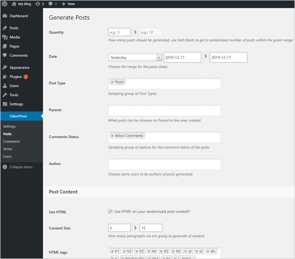 FakerPress WordPress 더미 콘텐츠 플러그인.