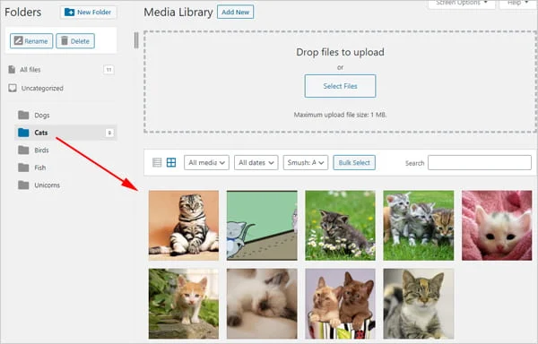 FileBird 플러그인이 설치된 WordPress 미디어 라이브러리의 화면 캡처.