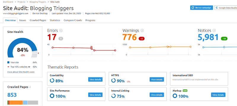 SEMrush site audit