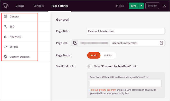 إعدادات الصفحة المقصودة - SeedProd landing page settings