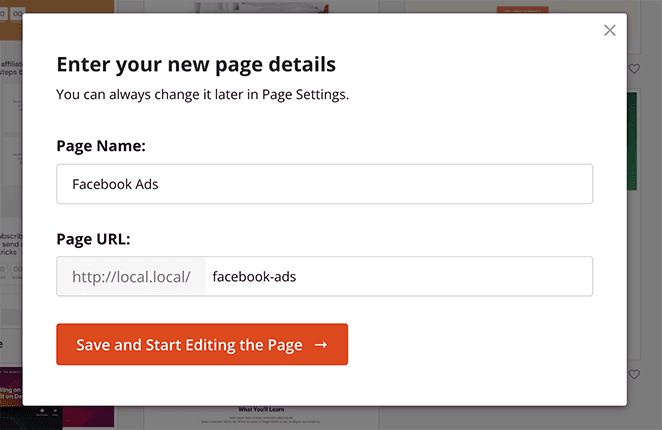 اسم الصفحة المقصودة لإعلانات فيسبوك - SeedProd enter your landing page name and URL