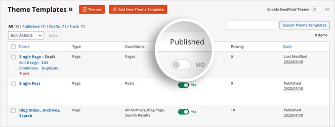 dépublier-theme-section - SeedProd unpublish a WordPress theme section