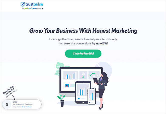 trustpulse-saas-açılış sayfası örneği - SeedProd trustpulse woocommerce upsell plugin