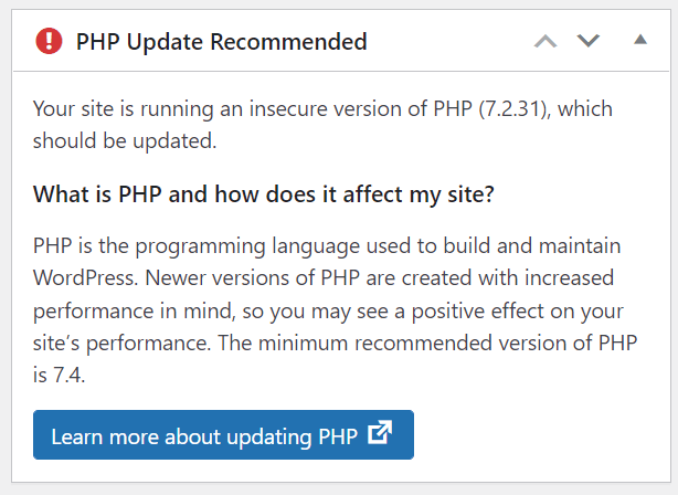 Предупреждение об обновлении PHP в панели управления WordPress