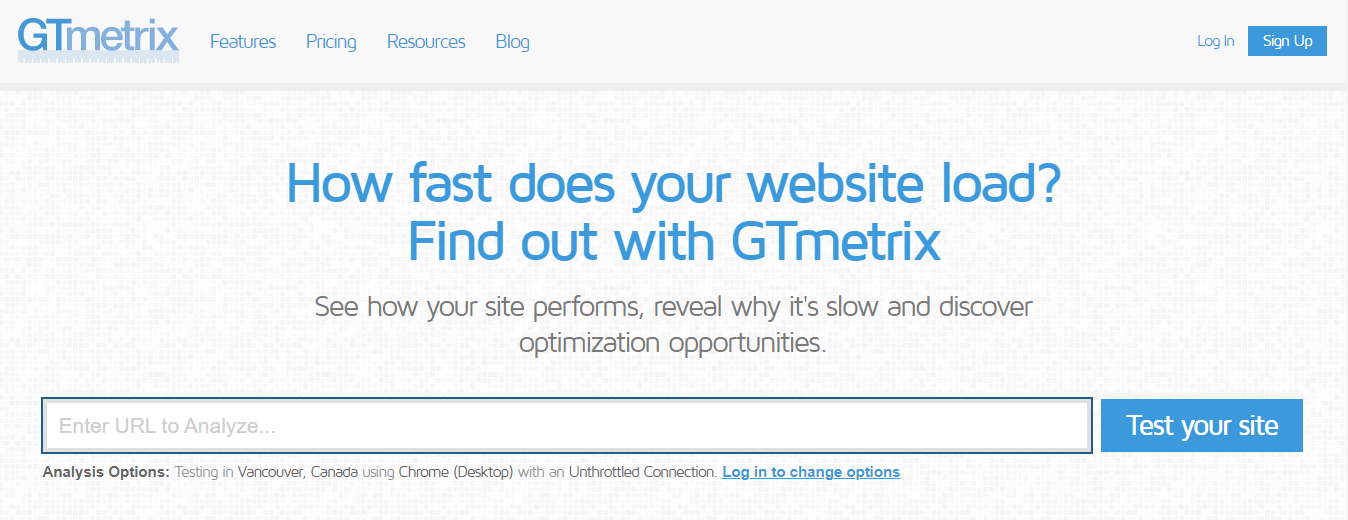 Домашняя страница теста скорости GTMetrix