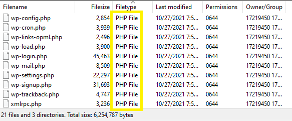 список основных файлов WordPress с выделенным типом файла «PHP file»