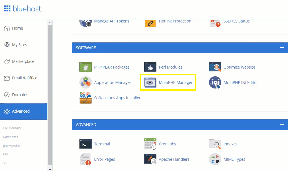 Интерфейс Bluehost, показывающий MultiPHP Manager