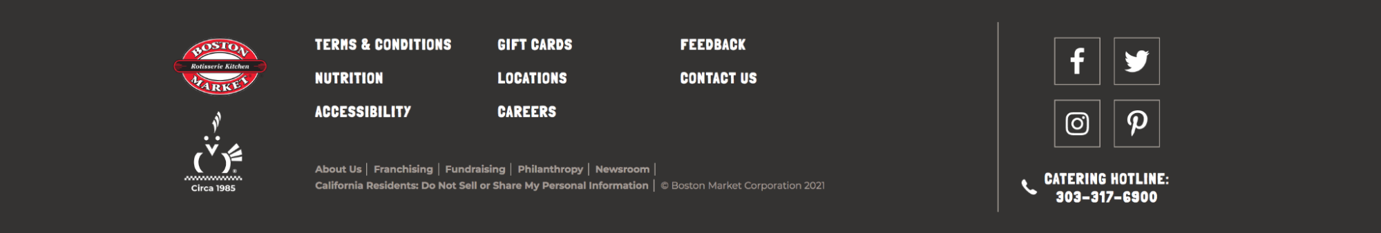 Boston Market-Fußzeile mit separaten Social-Media-Symbolen