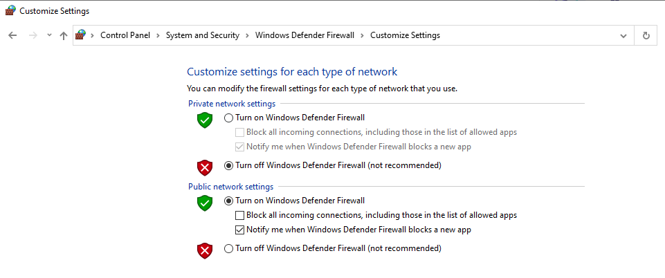 paramètres de désactivation d'un pare-feu Windows
