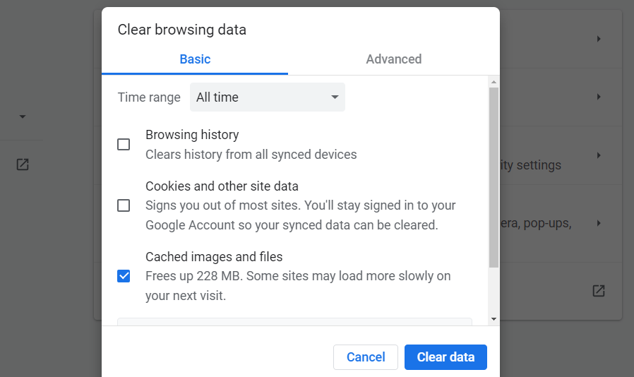 options pour effacer les données du navigateur dans Chrome