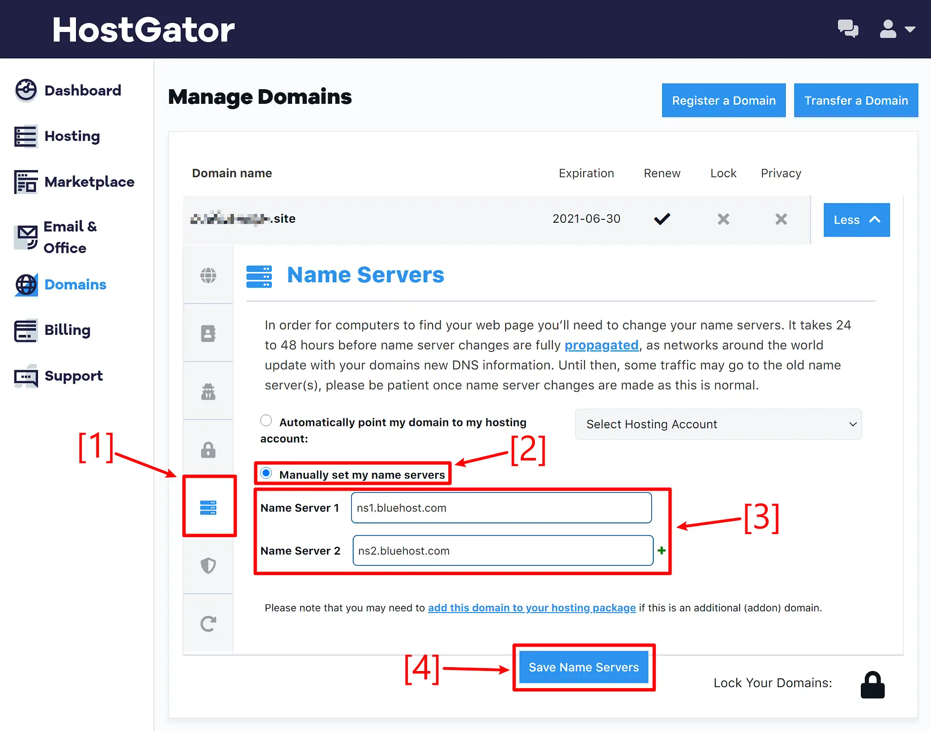 Как изменить сервер имен: HostGator