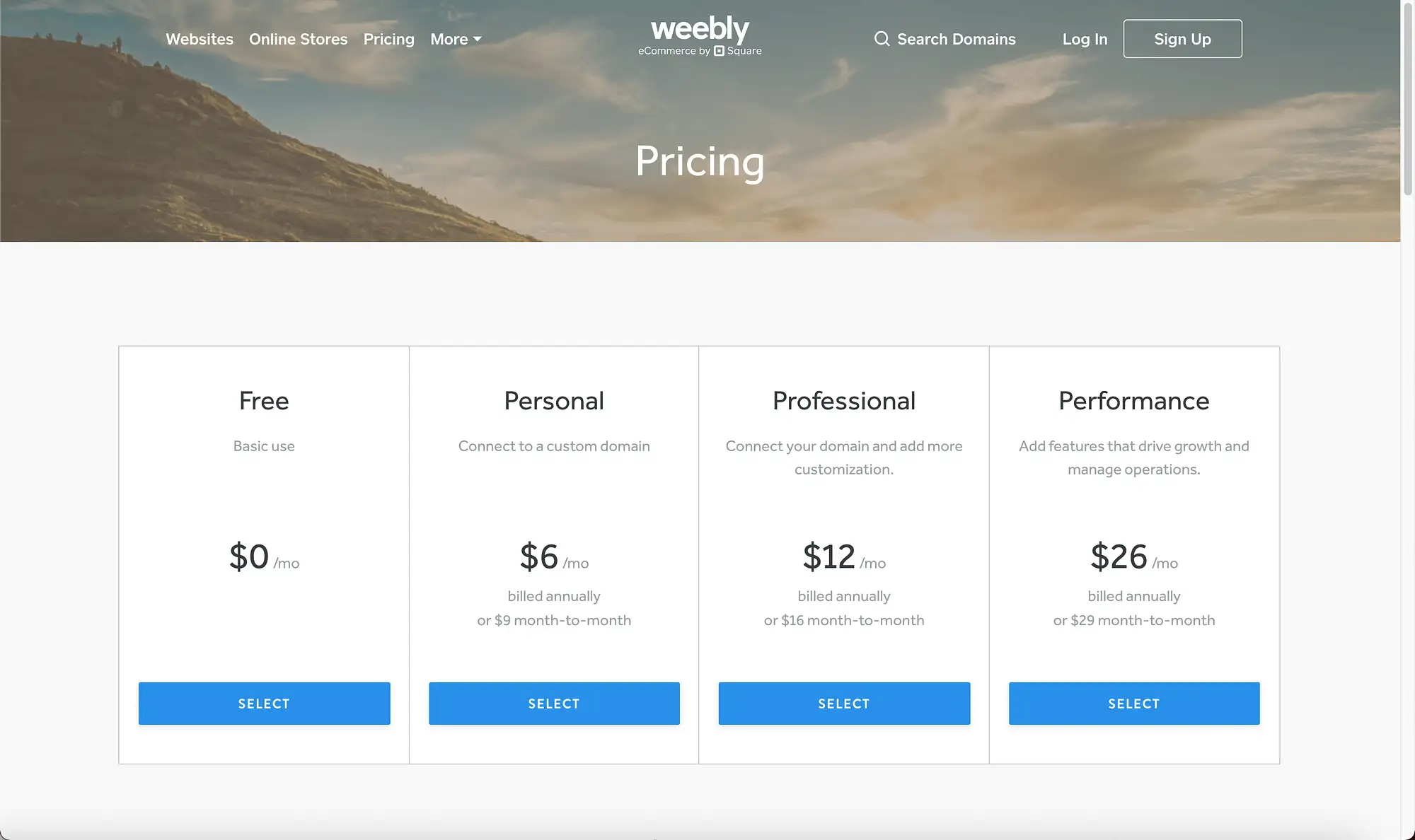Weebly fiyatlandırma tablosu
