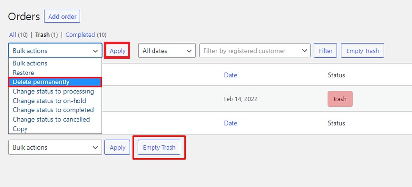 çöp kutusundan kaldır woocommerce siparişlerini sil