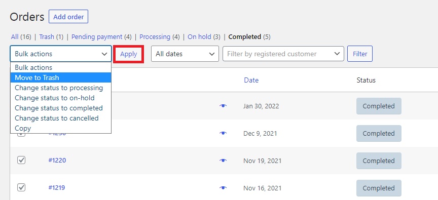 woocommerce siparişlerini toplu işlemleri sil
