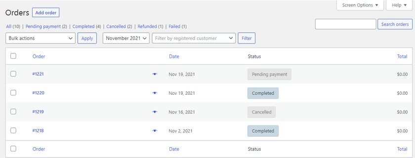 woocommerce siparişleri filtre seçeneklerini sil
