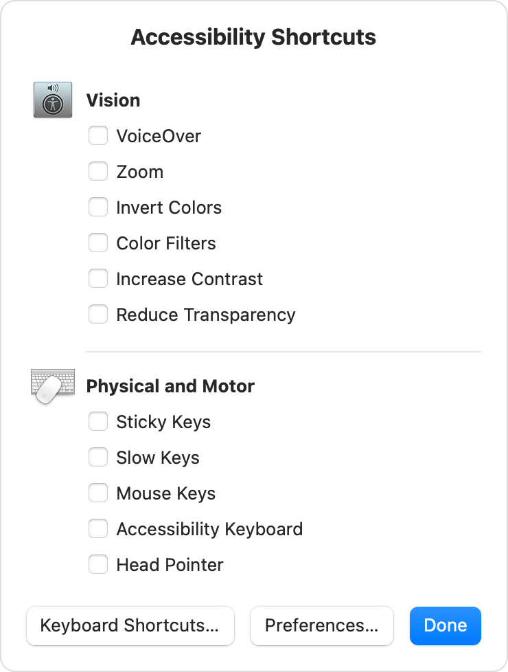 Raccourcis d'accessibilité dans MacOS