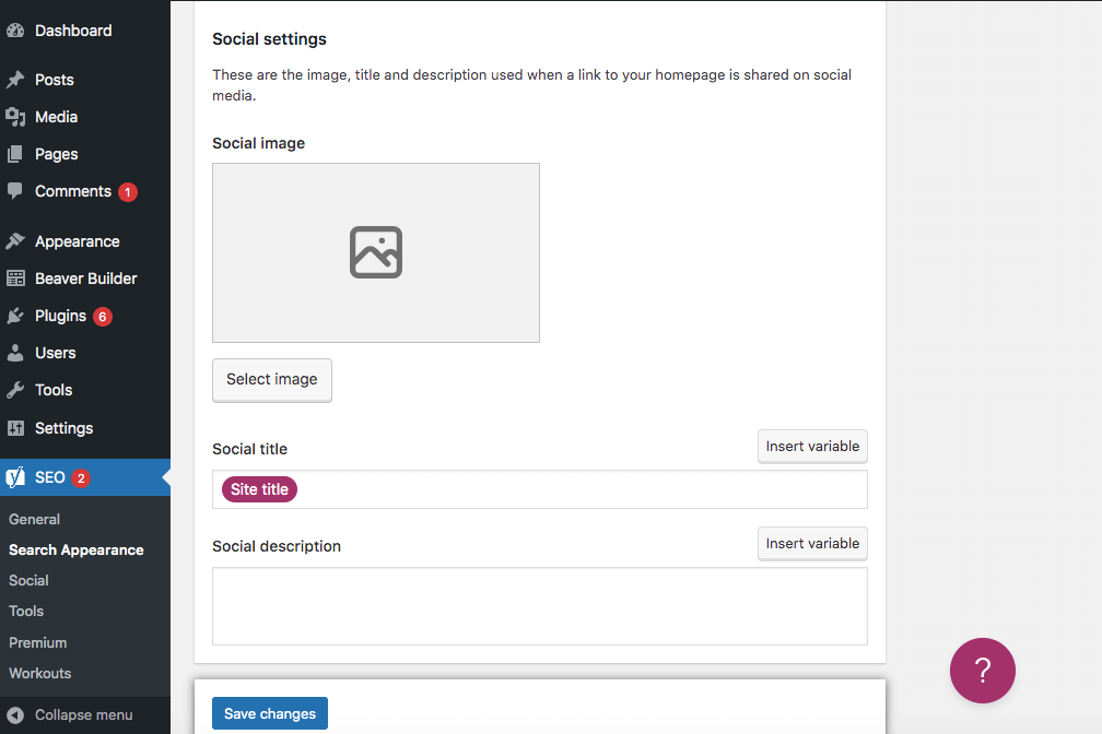 Configurações sociais do Yoast