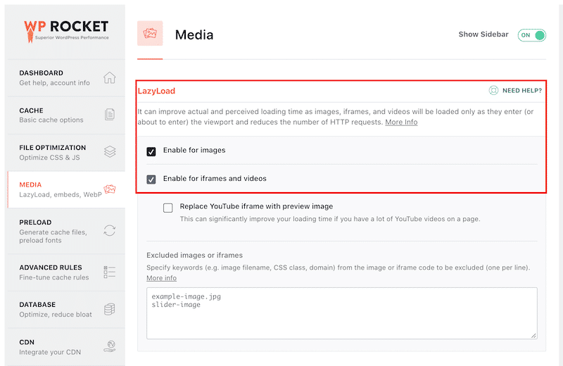 Option Lazy Load - Tableau de bord WP Rocket