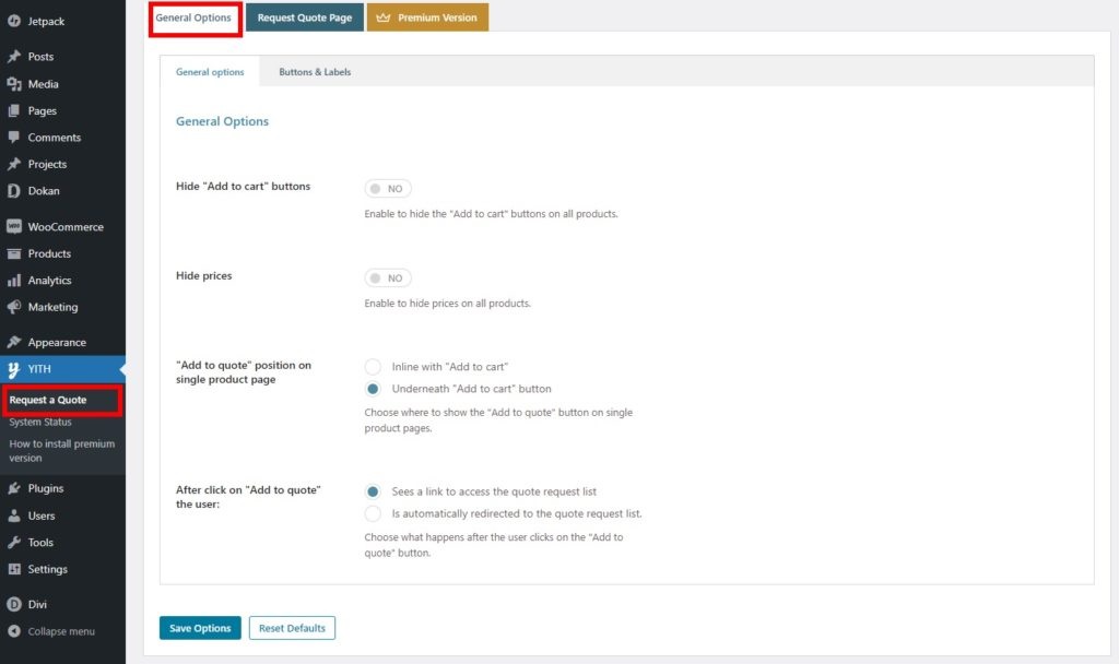 الخيارات العامة yith woocommerce تطلب ملحقات اقتباس