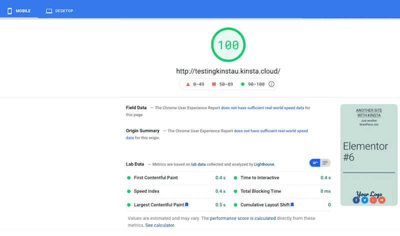 KinstaとWPRocketを使用したモバイルでの100/100-出典:PSI