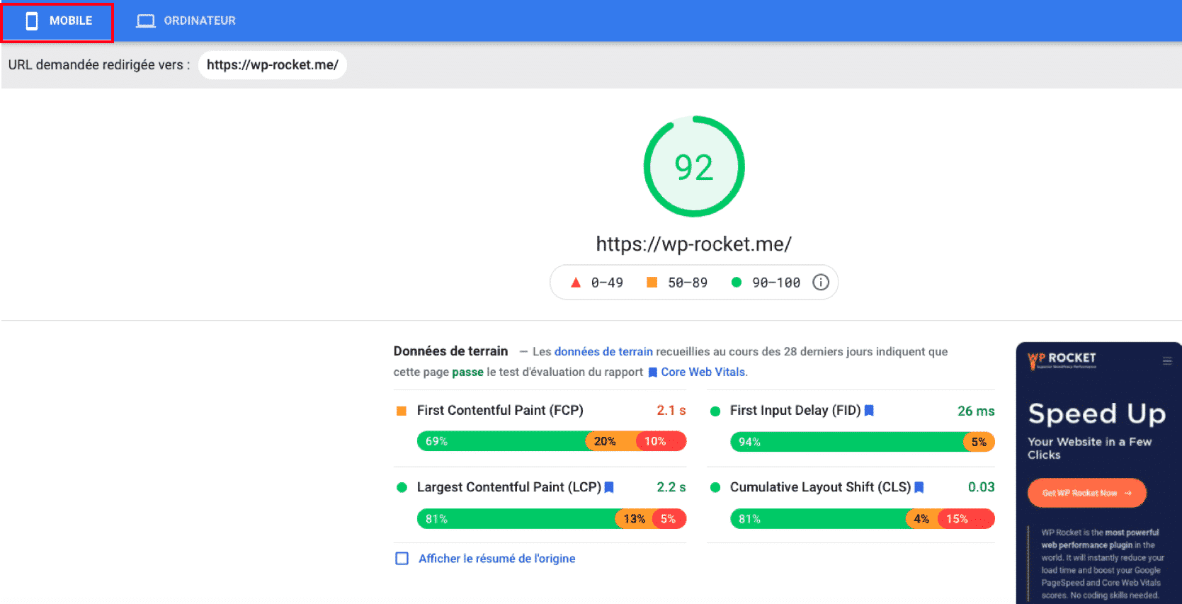 Überprüfung der mobilen Performance - Quelle: Google PSI