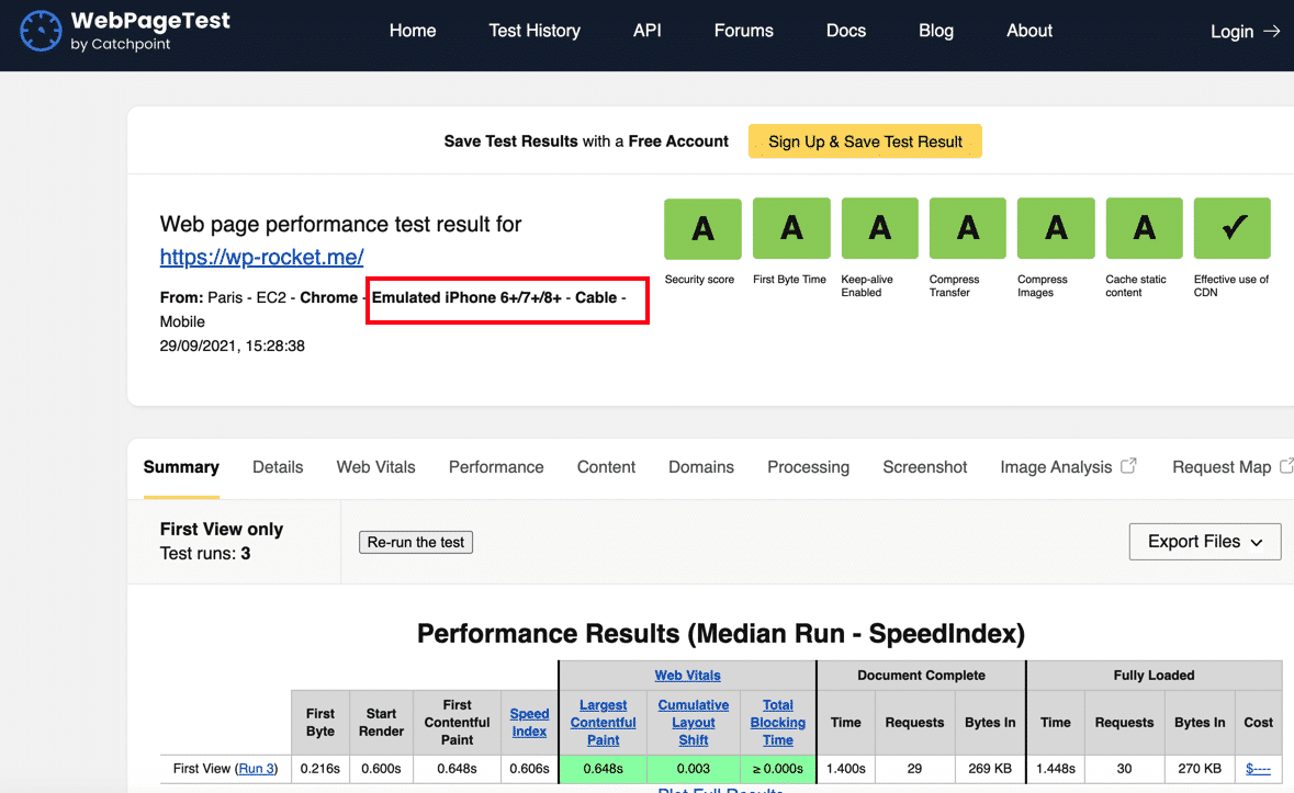Testen meiner Website auf Mobilgeräten – Quelle: WebPageTest