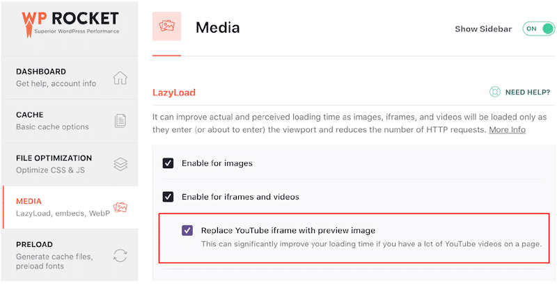 การตั้งค่า YouTube - ที่มา: WP Rocket Dashboard