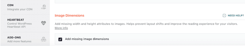 ขนาดรูปภาพ - แดชบอร์ด WP Rocket (แท็บสื่อ)