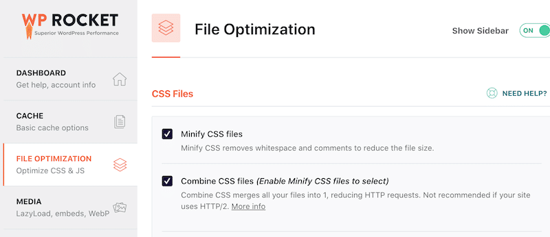 การเพิ่มประสิทธิภาพไฟล์ (ไฟล์ CSS) - WP Rocket Dashboard