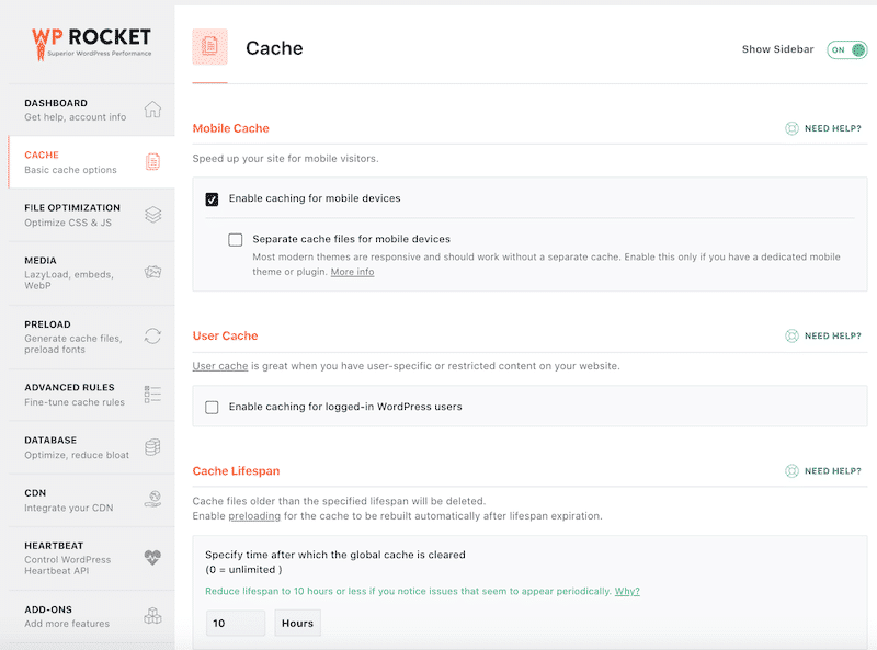 WP Rocket Dashboard บน WordPress 