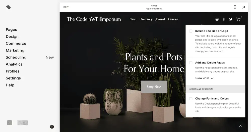 Интерфейс Squarespace.