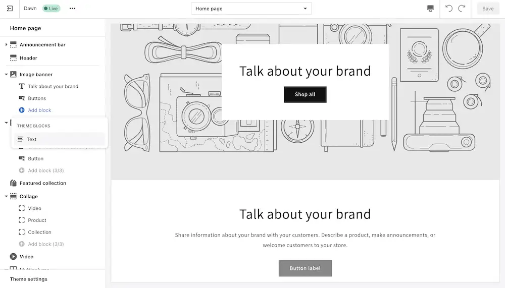 Визуальный редактор Shopify.