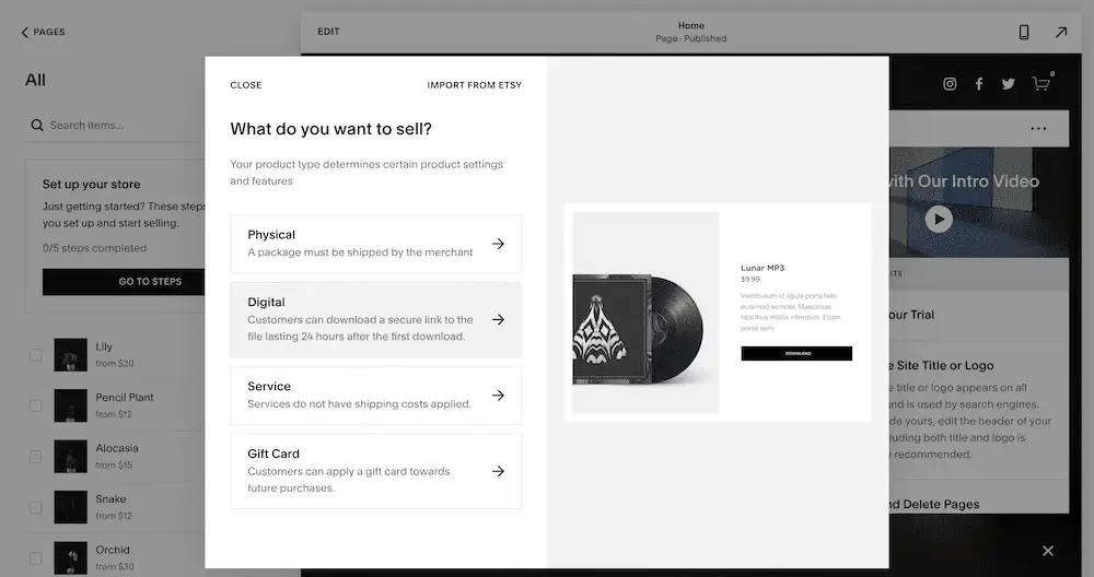Выбор продукта для продажи в Squarespace.