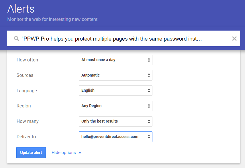 PPWP Pro: cree alertas de Google para encontrar contenido copiado