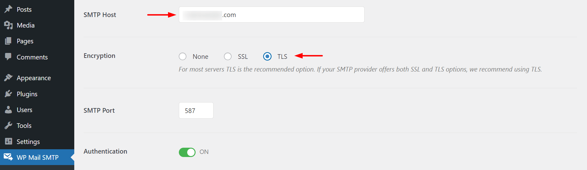 7 أفضل ملحقات WordPress SMTP لتحسين إمكانية تسليم البريد الإلكتروني في عام 202216 Select Host and Encryption in WP SMTP Plugin