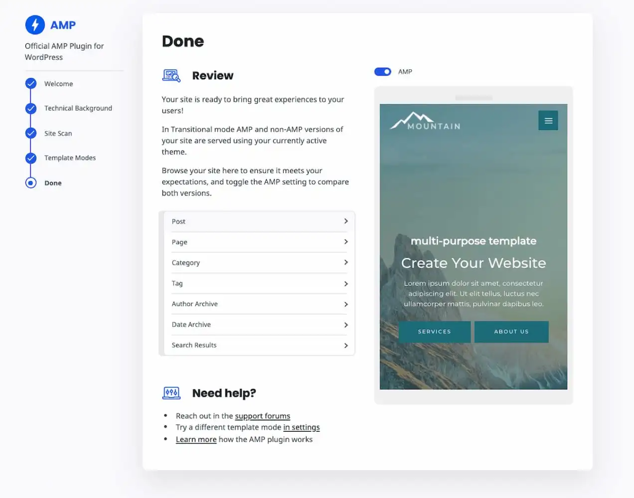Предварительный просмотр AMP для WordPress