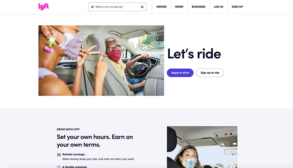 Design da página inicial do Lyft