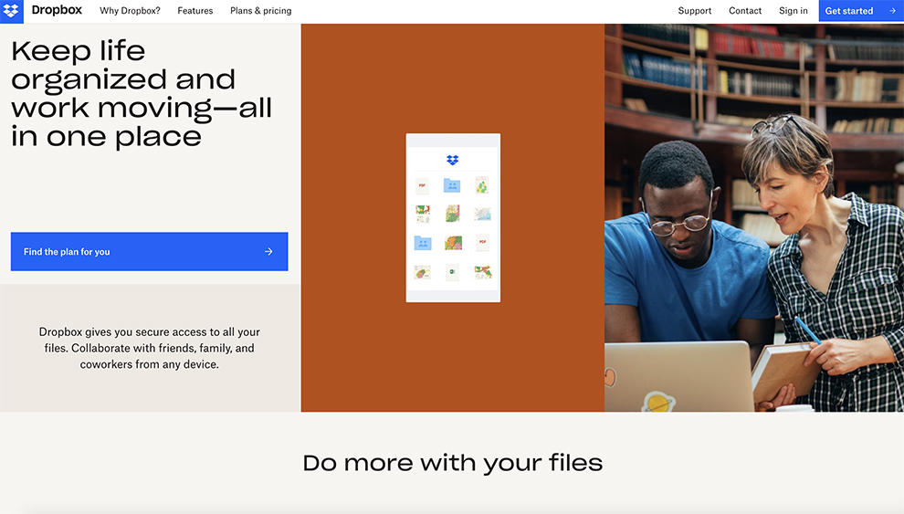 Design da página inicial do Dropbox