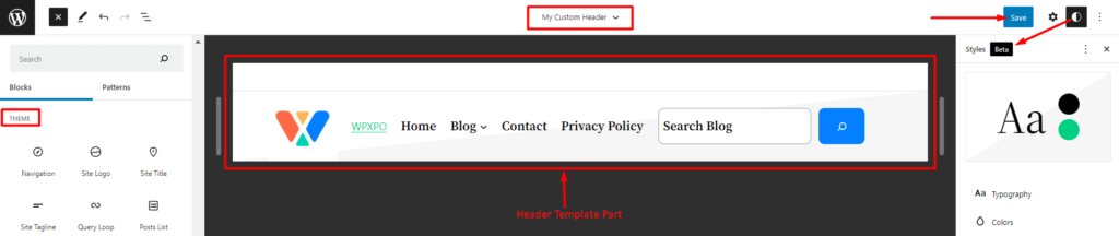 วิธีสร้างเทมเพลตหน้า WordPress ในธีม Twenty Twenty-Two 3 Header template part for twenty twenty-two WordPress theme