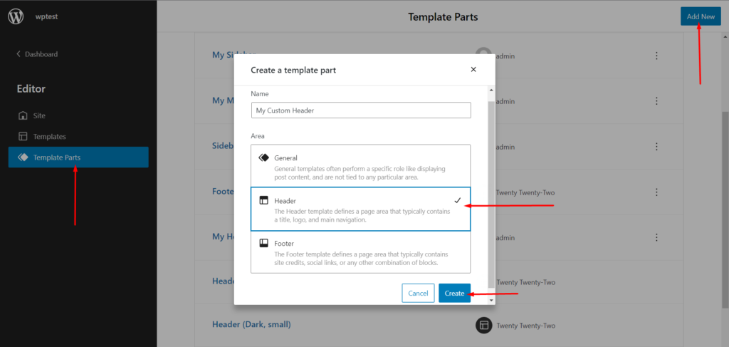 วิธีสร้างเทมเพลตหน้า WordPress ในธีม Twenty Twenty-Two 5 Creating a new template part in the twenty twenty-two WordPress theme