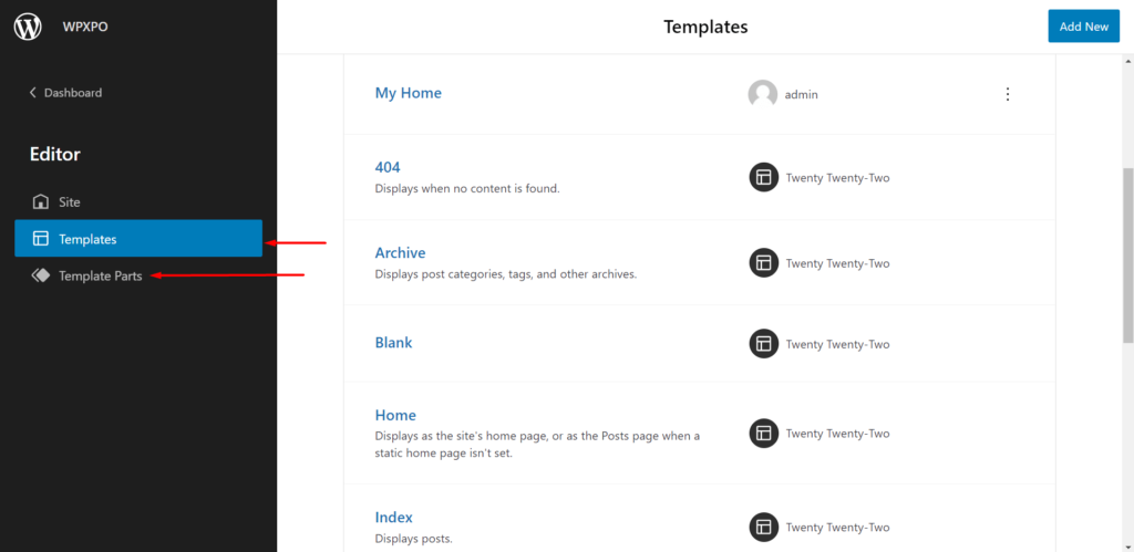 Édition complète du site WordPress avec le thème Twenty Twenty-two 2 Page templates and template parts in the twenty twenty-two theme