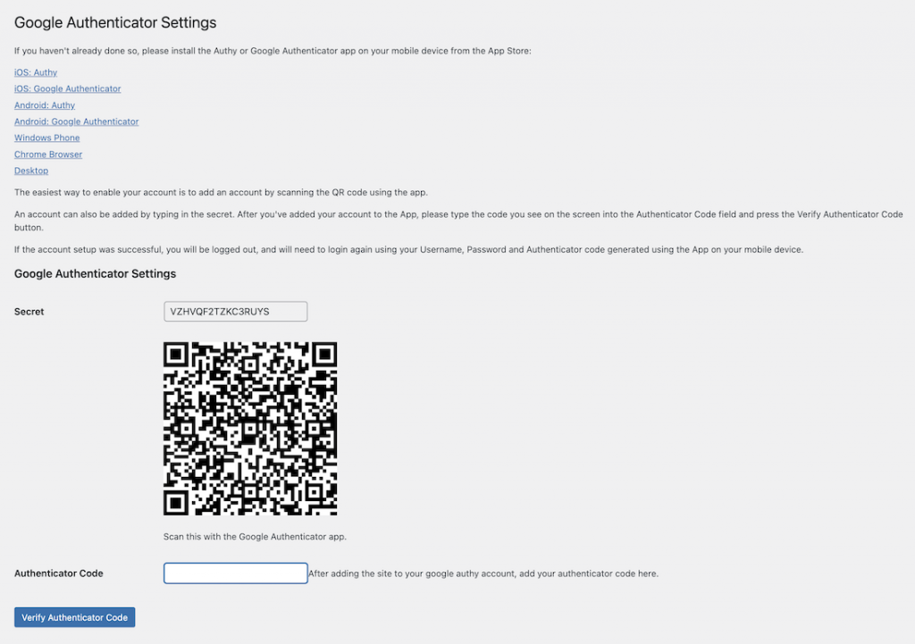 帶有 Google Authenticator 的 WordPress 初始屏幕