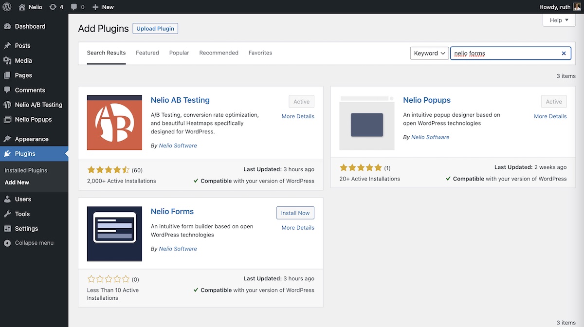 Instal dan aktifkan plugin Nelio Forms