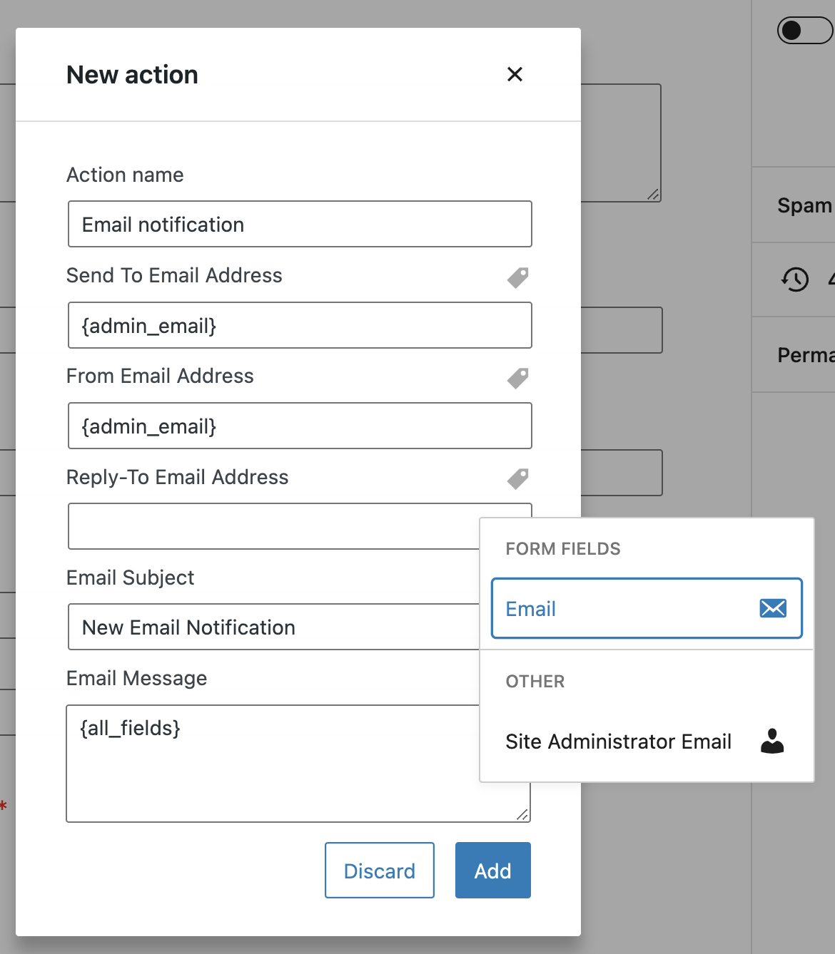 Mengedit tindakan kirim email di Nelio Forms